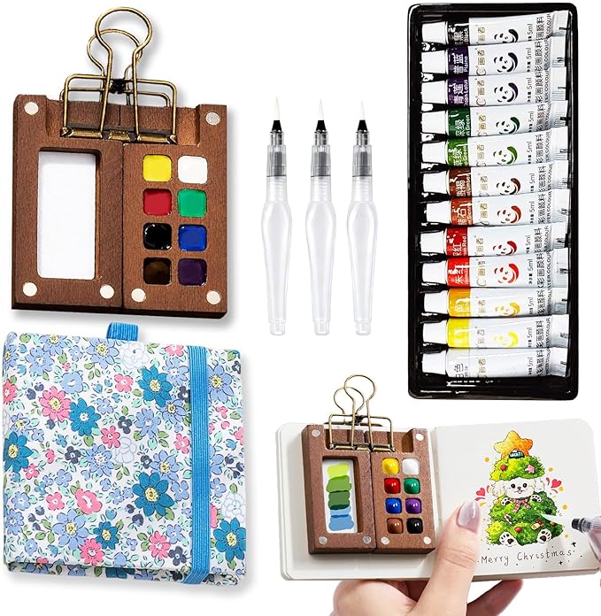 Mini Portable Watercolor Palette Set-Grid Paint Box with Binder Clips Include 12 Colors Paint - Brush*3 and Picture Album Art Materials Coloring Markers (Blue Wood-S)