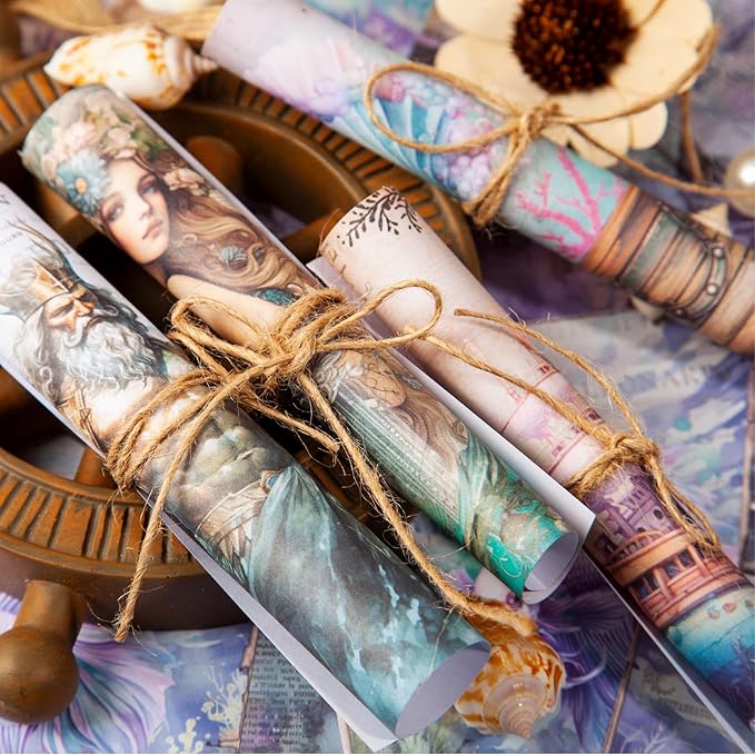 Yoksas 120 Sheets Vintage Mythology Fantasy Sea Ocean Scrapbook Paper - Mermaid Seahorse Corals UnderSea Junk Journals Decorative Cardstock for Posters,Card Making,Crafts Paper