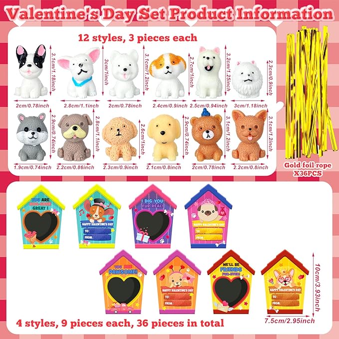 Zhanmai 72 Pcs Dog Valentine's Day Gifts Card and Dog Resin Figurines Miniature Puppy Heart Greeting Card for Valentine Party Favors Exchange Prizes Gifts (Cute)