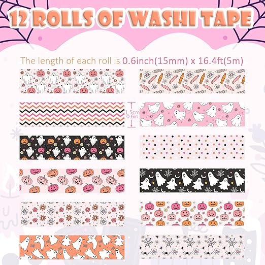 12 Rolls Halloween Washi Tape, Cute Ghost Pumpkin Spiders Masking Tape Boho Holiday Decorative Tapes Set for Scrapbooking, DIY Crafts, Party Decor 16.4FT