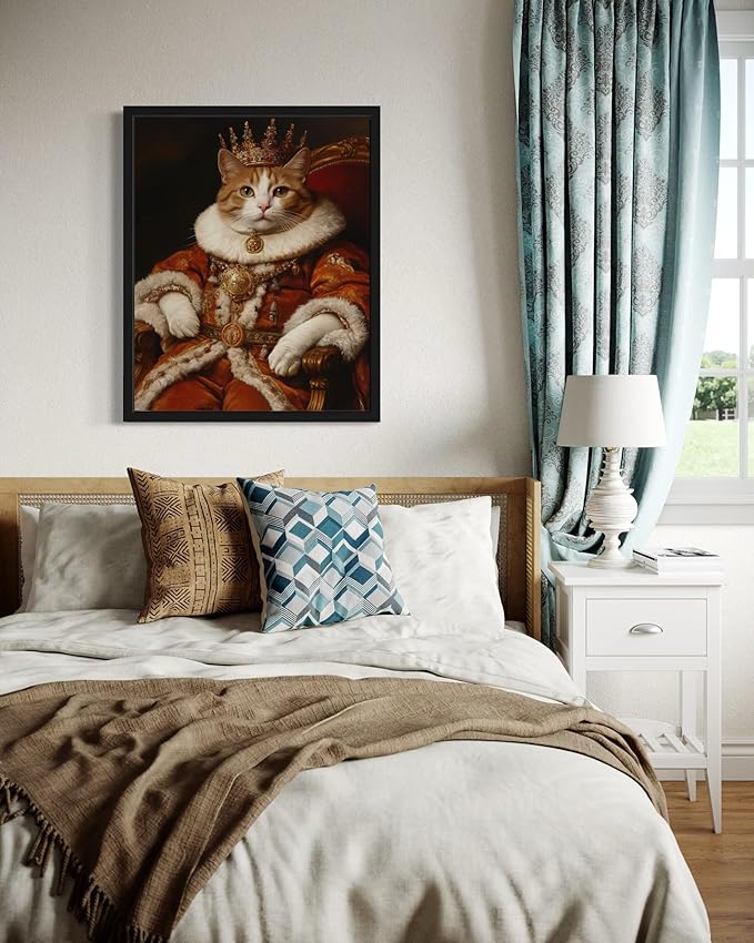 King Cat Portrait Art Poster Print, Cat Kitten Painting Humor Portrait Pet Artwork Decor Gallery A8 (11 x 14 inches, Black Frame)