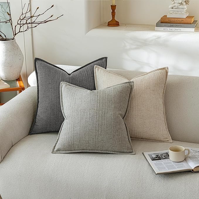 a moment Linen Pillow Covers Set of 2,Boho Farmhouse Throw Pillowcases Neutral Textured Decorative Covers for Couch Sofa,Soft Linen Blend Accent Case Cushion Living Room Home Decor 26"x26"Rustic Gray
