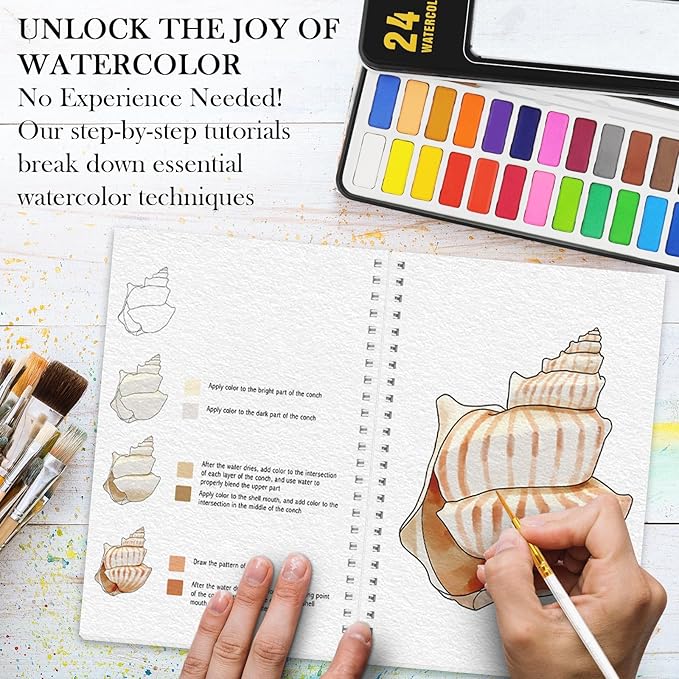 3Pcs Watercolor Workbook Paint Book Beginner Friendly Painting Kit, 36 Pages Workbooks with 24 Paint Colors & Brush for Beginners, Stress-Relieving Gift for Women Adults (Seaside&Bird&Garden)
