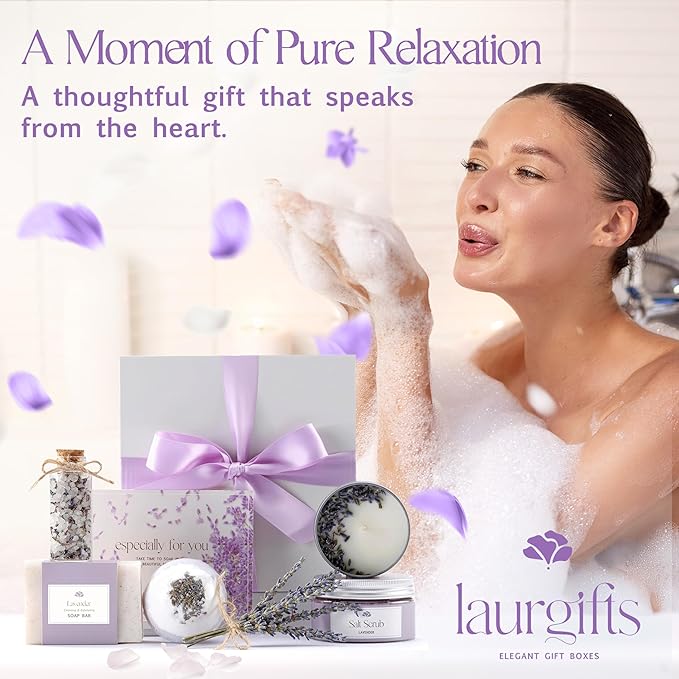 Lavender Spa Gift Box for Women – Relaxing Self Care Set, Birthday & Christmas Gifts for Women, Thank You, Housewarming, Bridal Shower & Get Well Soon Gift Basket for Her