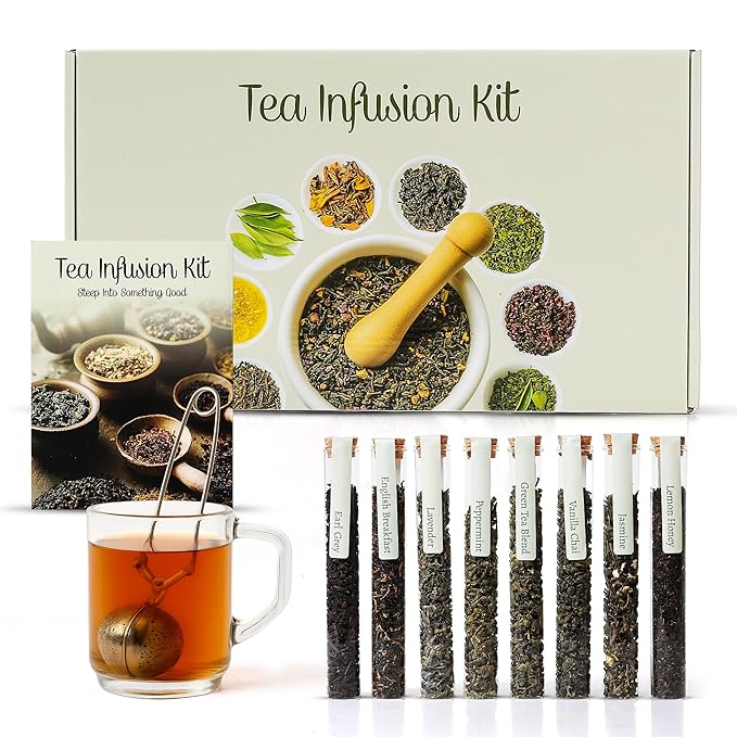 Loose Leaf Tea Sampler Gift Set Box – 8 Unique Flavors with Stainless Steel Infuser | Vanilla Chai, Jasmine, Lemon Honey & More | Tea Gift Set for Women and Men - Set of 9
