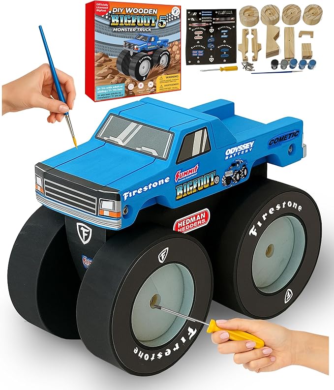 DIY Bigfoot 5 Monster Truck Wooden Kit w/Stickers & Paint (Large 5 1/4")- Officially Licensed Kids Building & Painting Kit - Wooden Painting & Building Kits for Kids - Ages 5-8 Years Stem & Paint Toys
