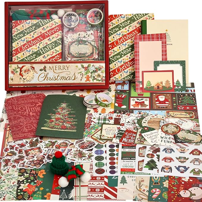 Christmas Scrapbooking Supplies Kit, Aesthetic New Year Festival Scrapbook Kits for Bullet Junk Journal, Stationery, Notebook, DIY Cute Journaling Supplies, Craft Christma Gift for Teen Girl Kid Women