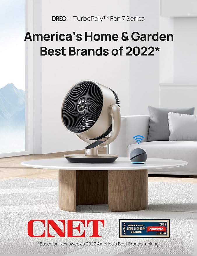 Dreo 16''Height 25dB Quiet Smart Fans for Bedroom, DC Room Fan with Remote, 120°+120° Omni-Directional Oscillating Fan, 6 Modes, 9 Speeds, 12H Timer, Alexa/Google/WiFi/Voice Control, Gold