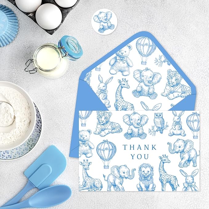 Whaline 24 Pack Baby Shower Thank You Card Cute Blue White Animal Greeting Cards with Envelopes Stickers Blank Note Cards for Gender Reveal Birthday Party Supplies