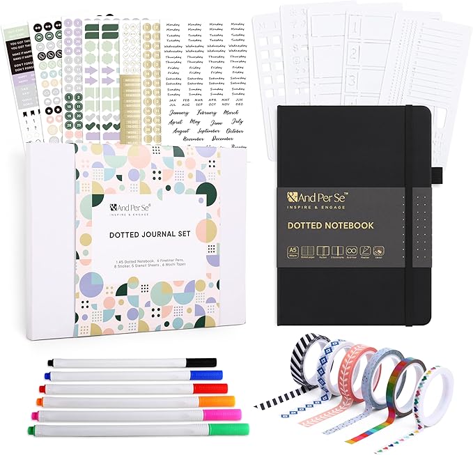 &And Per Se Bullet Dotted Journal Kit, A5 Hardcover Dotted Journaling Set (Black), 6 Fineliner Pens, 8 Sticker & 5 Stencil Sheets, 6 Washi Tapes with Giftable Box