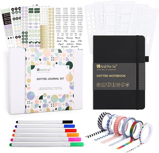 &And Per Se Bullet Dotted Journal Kit, A5 Hardcover Dotted Journaling Set (Black), 6 Fineliner Pens, 8 Sticker & 5 Stencil Sheets, 6 Washi Tapes with Giftable Box