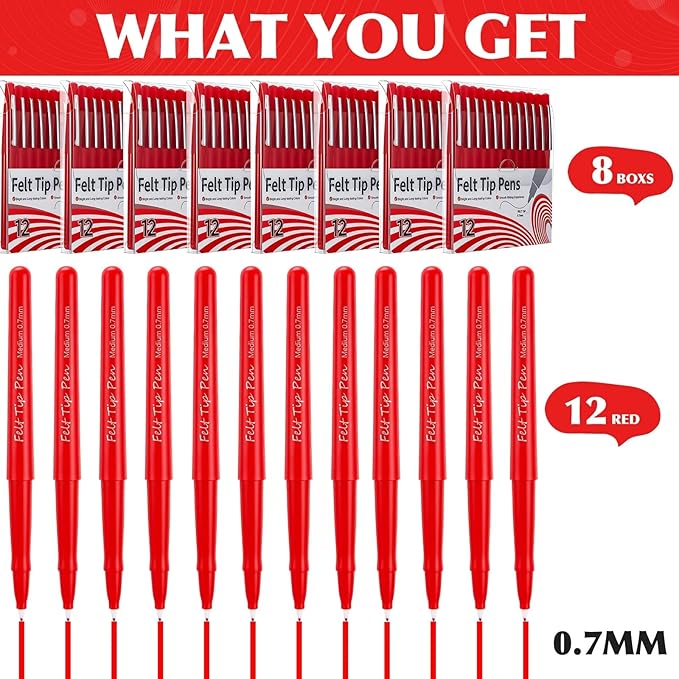 96 Pcs Red Felt Tip Pens 0.7mm Medium Point Pens Bulk, Felt Tip Markers for Journaling, Writing, Note Taking, Planner, Ideal for Office School Art Supplies Gift