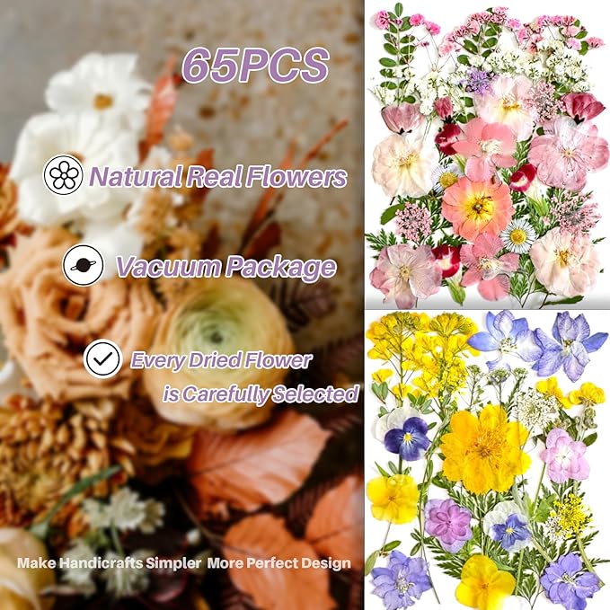 65Pcs Pressed Flowers for Resin Real Bulk Dried Flowers Leaves for Mold Scrapbooking DIY Art Crafts, Epoxy Resin Jewelry Molds, Candle, Soap Making (Pink, Purple, Yellow)