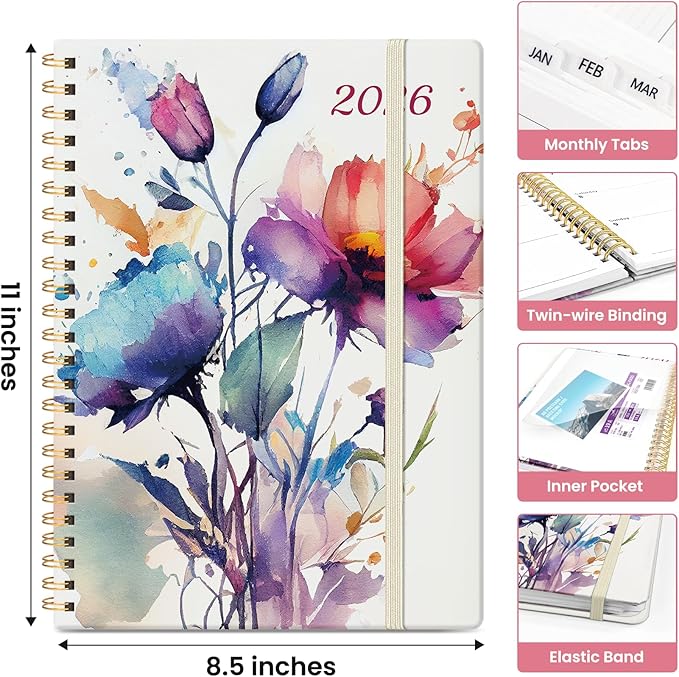 2026 Planner, Monthly and Weekly Calendar Planner for Women, Jan 2026 - Dec 2026, Hardcover Pretty 2026 Agenda Planner Book with Tabs, Spiral Bound, Perfect for School Office Home Supplies, 8.5" x 11" - Painted Bloom