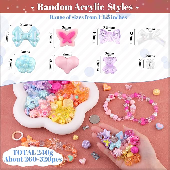 400-450PCS TINKRSTUFF Assorted Acrylic Beads 6 Mixed Series Cute Beads for Bracelet Making, Bow Aesthetic GummyBear Flower Butterfly Kawaii Charms for Jewelry Making DIY Necklace Keychain Phone Charm