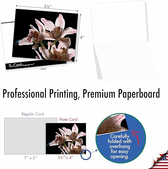 The Best Card Company - 10 Blank Note Cards with Flowers (4 x 5.12 Inch) - Floral Notecards, All Occasion Boxed Assortment - Orchid Nights M1734BN