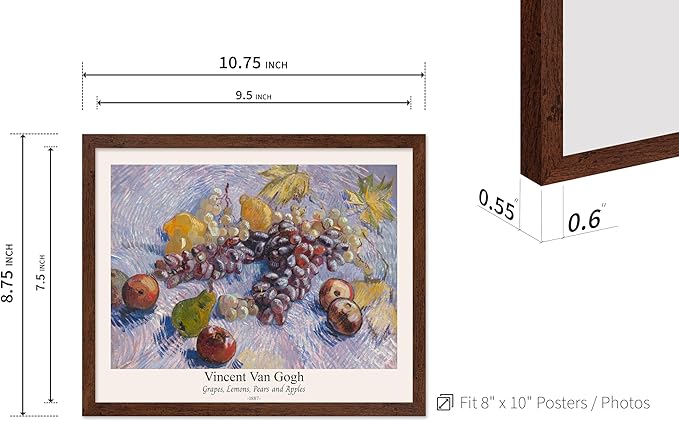 Monem Art Vintage Van Gogh Poster - Retro Grapes Lemons Pears and Apples Print - Impressionism Art - Fruit Art - Fine Art - Classic Painting Art - Great Kitchen Decor - 8x10 Brown Framed