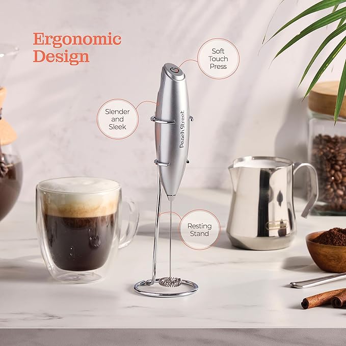 Powerful Handheld Milk Frother, Mini Milk Foamer, Battery Operated (Not included) Stainless Steel Drink Mixer with Frother Stand for Coffee, Lattes, Cappuccino, Frappe, Matcha, Hot Chocolate.
