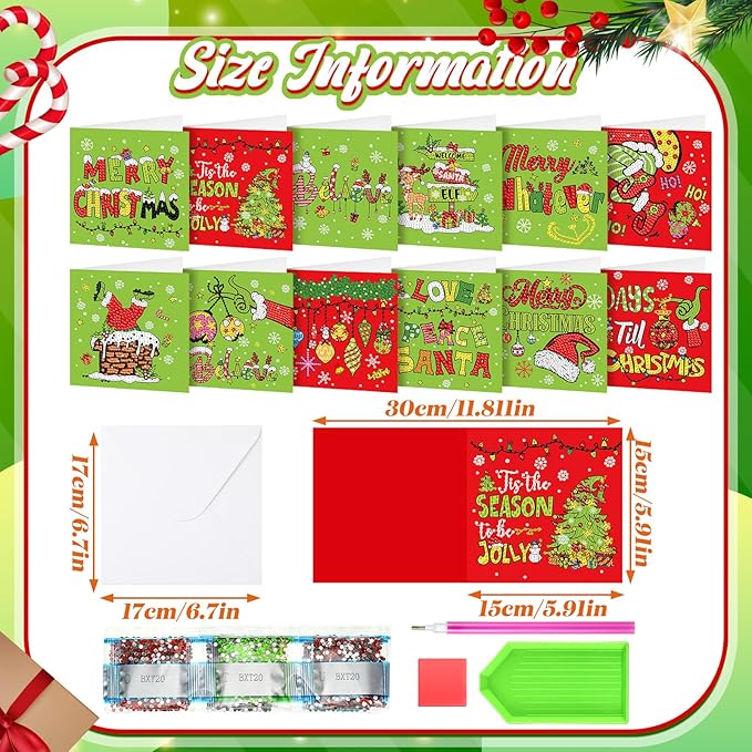 Saillong 12 Pack Christmas Diamond Painting Greeting Card Kits DIY Lime Green Christmas Diamond Art Cards with Envelopes Xmas 5D Rhinestones Painting for Adults DIY Craft Family Friend Xmas Gifts