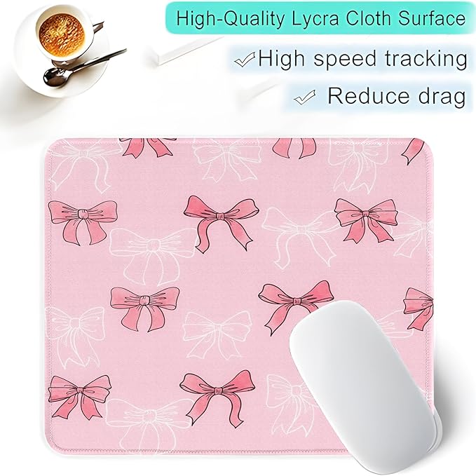 Seorsok Square White Line Drawing-Bows and Abstract Bows Mouse Mat,Premium Textured Mouse Pads for Office Laptop,Washable Square Mousepads with Extended Stitched Edges Non Slip Rubber Base,Pink