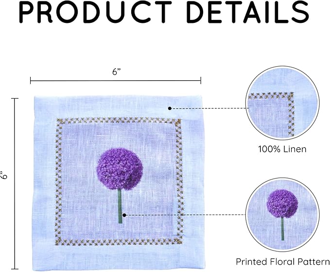 Cocktail Napkins Set of 6, 6x6 inch, 100% Linen, Printed Floral Design, Reusable & Washable Napkin Coasters for Beverages, Parties, Weddings & Everyday Use (Dandelion)