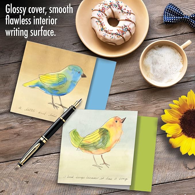 The Best Card Company - 12 Beautiful Blank Note Cards Bulk (4 x 5.12 Inch) (4 Designs, 3 Each) - Watercolor Tweets MQ4633OCB-B3x4