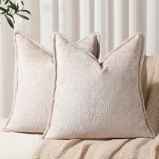 Pack of 2 Tan Decorative Throw Pillow Covers 20x20 Cozy Soft Chenille Accent Vintage Square Couch Pillow Covers for Home Decor Bed Sofa Living Room
