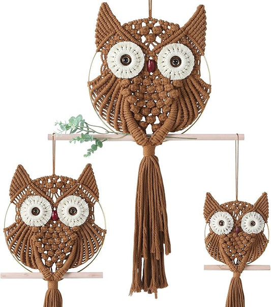 MVSUTA Owl Brown Cotton Handmade Macrame Wall Hanging Tapestry Home Decor Art and Cream Craft Wonderful Decoration Woven Beige Boho Ornament for Office Bedroom Apartment Living Room Nursery