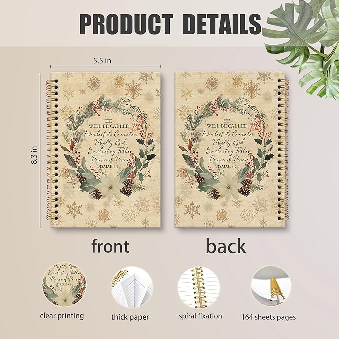 XNXLDYLH Vintage Christian Christmas Wreath Notebook Journal, Isaiah 9:6 Church Spiral Notebook, Bible Study Prayer Journals Notebooks, Christmas Christian Office School Supplies Gifts, 5.5x8.3 Inch