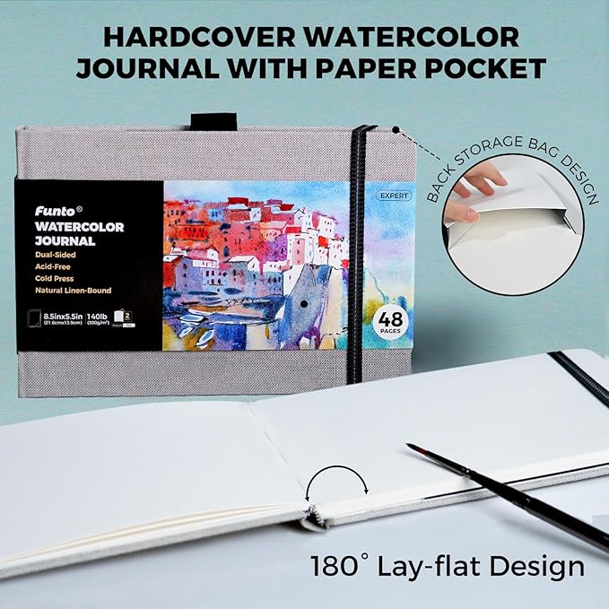 Funto Watercolor Journal, 8.5x5.5, 48 Pages, Cold-Pressed, Inner Paper Pocket and Elastic Band, Art Supplies for Mixed Media