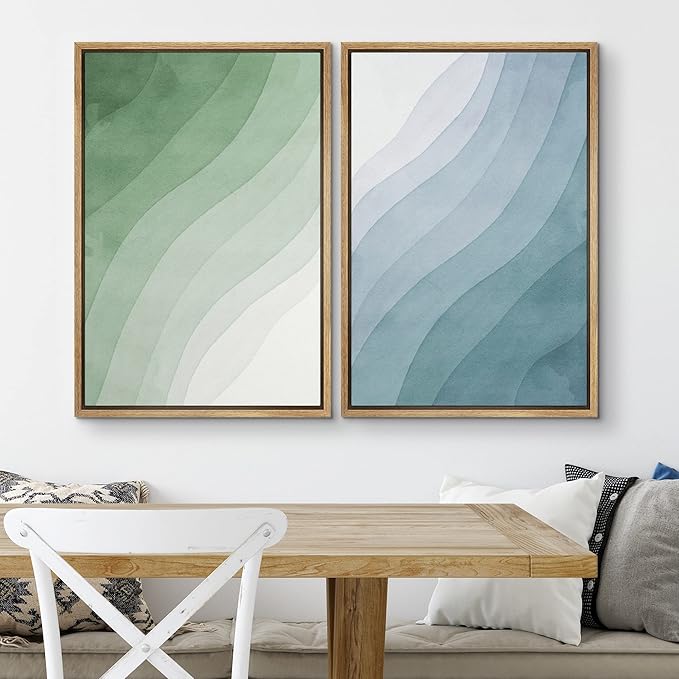 SIGNWIN Framed Canvas Print Wall Art Set Pastel Watercolor Green Blue Wave Collage Abstract Shapes Illustrations Modern Art Minimal Boho Colorful for Living Room, Bedroom, Office - 16"x24"x2 Natural