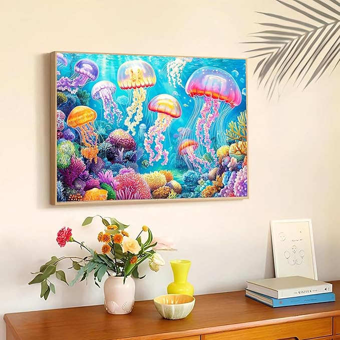 mrpwnle Diamond Art Kits for Adults, Glowing Jellyfish Diamond Painting Kits for Beginners, 5D Diamonds Painting, DIY Full Drill Gem Art Crafts Kit Home Wall Decor Gifts 16x12 inch