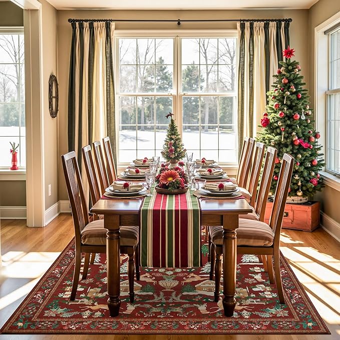 jinchan Christmas Rug 8x10 for Living Room Bedroom Maroon Holiday Decorative Rug for Dining Room Christmas Tree and Cabin Printed Large Xmas Decor Indoor Washable Non Slip Floor Carpet
