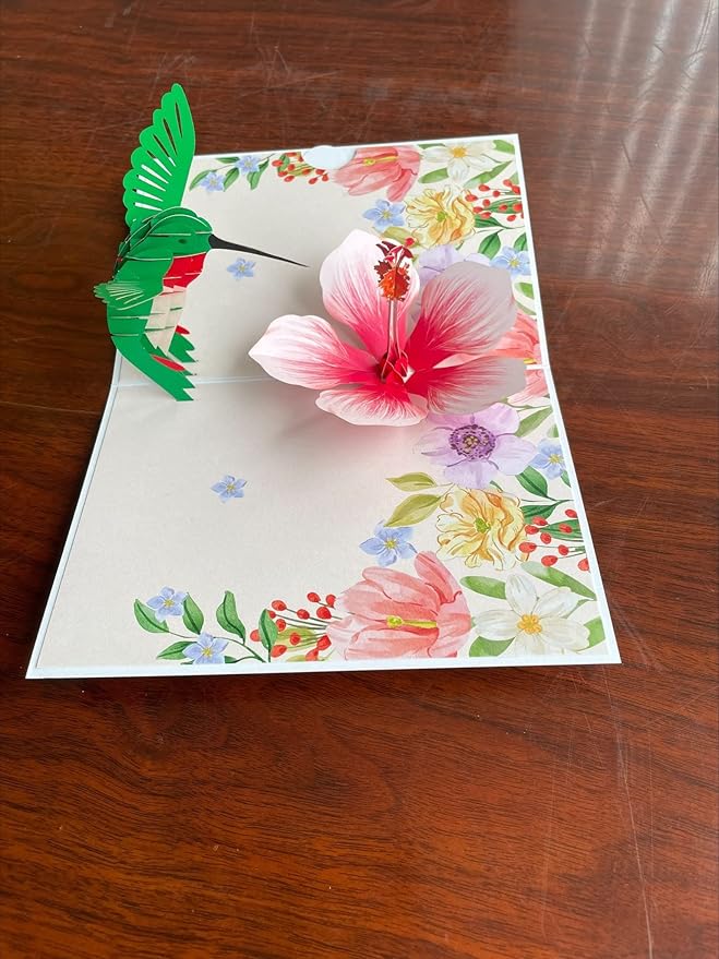 ETA 3D Pop Up Greeting Card – Hummingbird with Pink Hibiscus Flower, Handmade Nature & Floral Card, Birthday, Mother’s Day, Thank You & Garden Lover Gift with Envelope F35