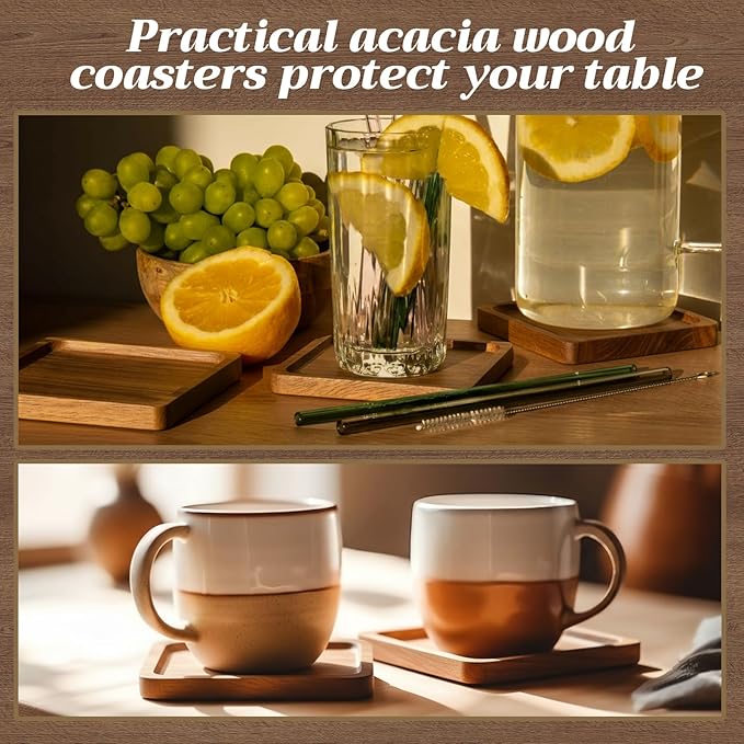 Zhehao 16 Pcs Acacia Wood Coasters Bulk 4 Inch Wooden Stackable Reusable Drink Coasters for Coffee Tea Table Protection Table Bar Home Desk Supplies Housewarming Gifts(Square)