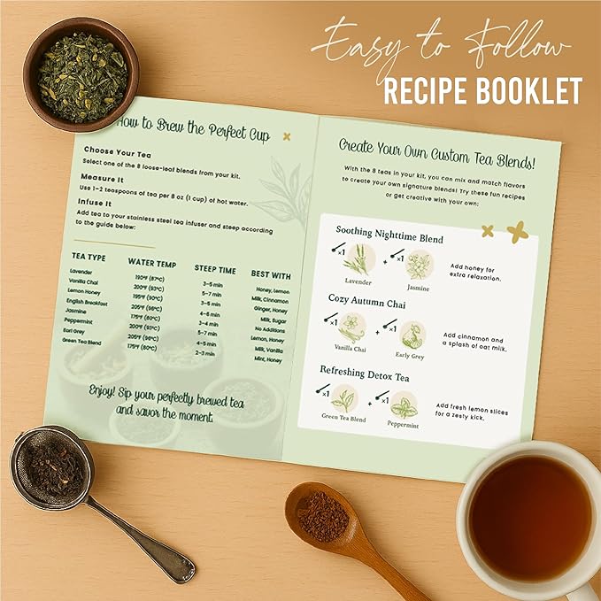 Loose Leaf Tea Sampler Gift Set Box – 8 Unique Flavors with Stainless Steel Infuser | Vanilla Chai, Jasmine, Lemon Honey & More | Tea Gift Set for Women and Men - Set of 9