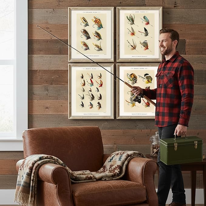 DREAM BIG PRINTABLES Vintage Fly Fishing Decor (Set of 4) - Unframed - 8x10 | Great Gift for Fisherman - Reproductions of Vintage Fishing Lure Art Prints - Rustic Decor