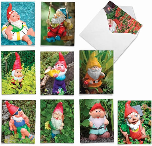 The Best Card Company - 10 Blank Note Cards (4 x 5.12 Inch) - Fun Mythical Fantasy Cards, Assorted Greetings Boxed - Gnome Notes AM6841OCB-B1x10-NB