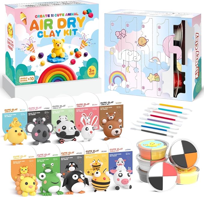 Air Dry Clay for Kids: Modeling Clay Animals DIY 10 PCS Blind Box Craft, Non-Stick Safe Air Dry Clay Kit with Sculpting Tools Mystery Box Gift for Girls Boys 3 4 5 6 7 8 9 Years Old