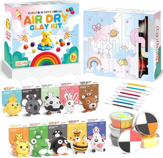 Air Dry Clay for Kids: Modeling Clay Animals DIY 10 PCS Blind Box Craft, Non-Stick Safe Air Dry Clay Kit with Sculpting Tools Mystery Box Gift for Girls Boys 3 4 5 6 7 8 9 Years Old