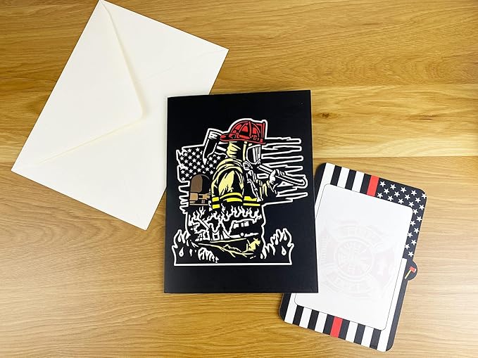 3D Pop Up Greeting Card – Handmade Firefighter Card with American Flag – Heroic Fireman with Axe – Birthday, Father’s Day, Graduation, Retirement, Thank You Card for Firefighters