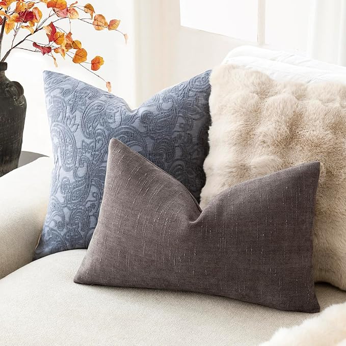 Foindtower Pack of 2 Soft Textured Chenille Throw Decorative Pillow Covers Lumbar Accent Solid Cushion Cover Cozy Farmhouse Pillow Case with Zippe for Couch Sofa Bed Living Room 12x24 Inch, Charcoal