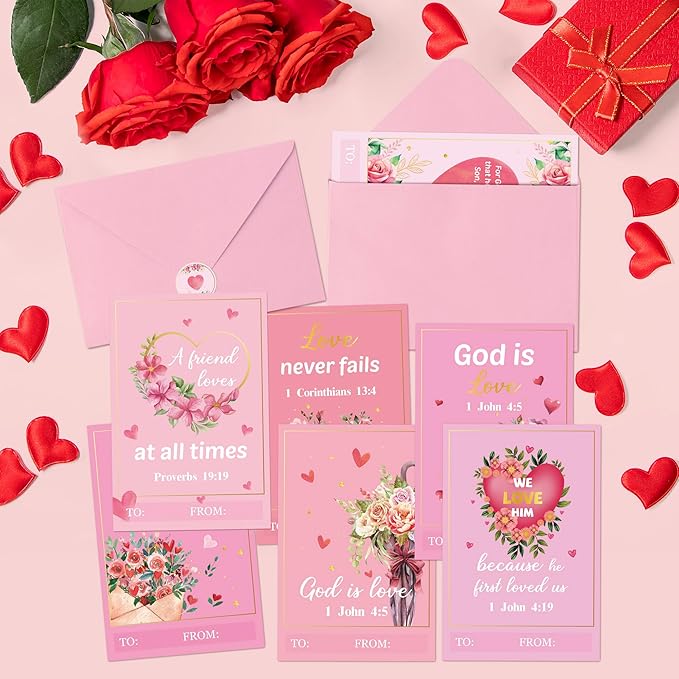 TICIAGA 72PCS Valentine's Day Religious Themed Greeting Cards with Envelop Retro Bible Notecard Sticker for Kids Flower Heartfelt Exchange Gifts for Boys and Girls Christian Classroom Party Favors