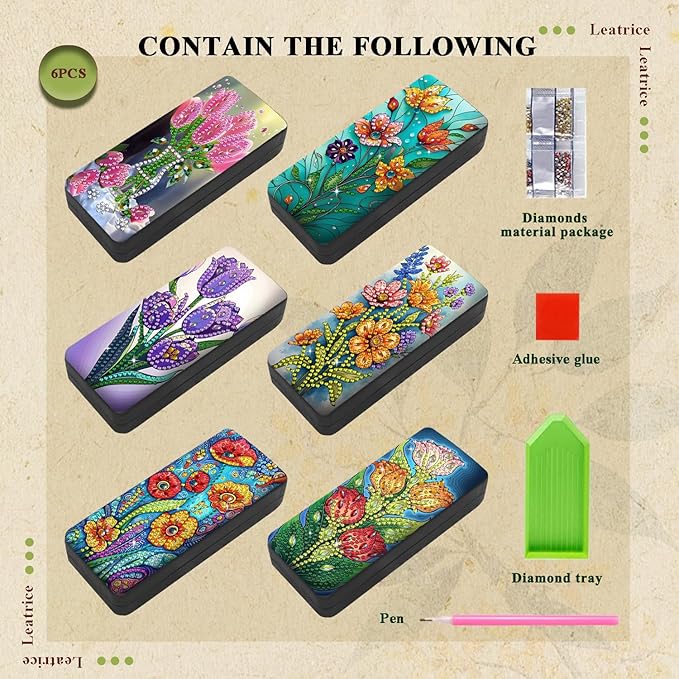 Leatrice 6pcs 5d Diamond Art Kits for Adults Small Diamond Painting Kit Eyeglass Case Hard Shell Gem Art Paint by Diamonds Dots DIY for Beginner Women