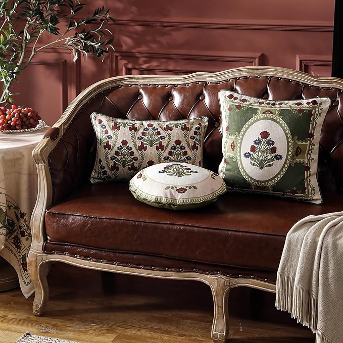 ISAENNE Design Linen Lumbar Square Round Throw Pillow Covers Set of 4, Yellow Green French Cushion Covers with Red Purple Floral Pattern Decoration Pillowcases for Bed, Living Room, Outdoor, Car