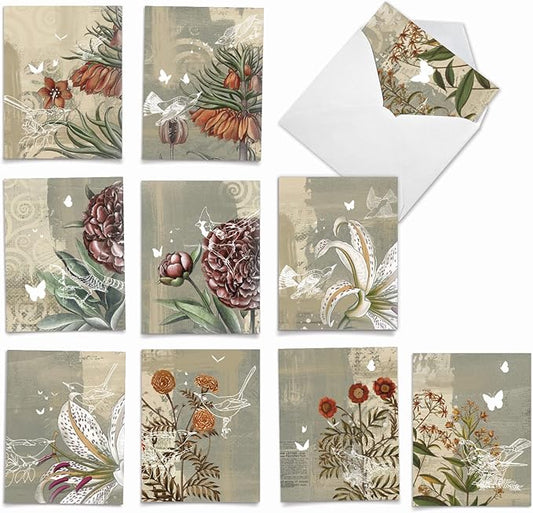 The Best Card Company - 10 Assorted Flower Cards Blank for Women (4 x 5.12 Inch) - All Occasion Floral Greetings Boxed - Floral Collages M2986OCB