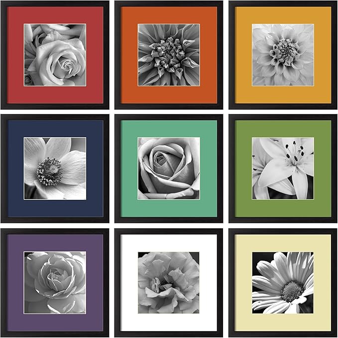 eletecpro 12x12 Picture Frames Set of 9 with Multi Colors Mats for 8x8 Photos or without Mat for 12x12, Square Gallery Wall Decor Collage for Picture Display, Black Frame Set for Wall Hanging