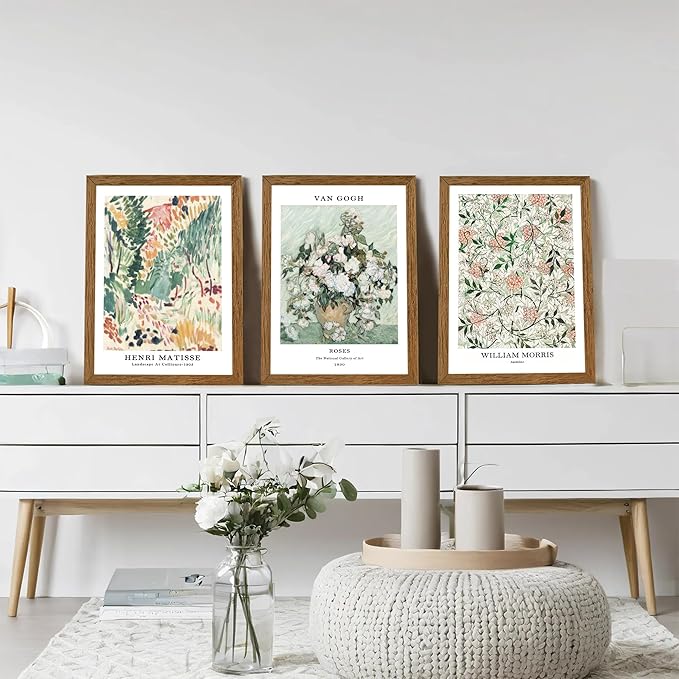 InspiredHues 3 Piece Sage Green Vintage Canvas Wall Art Landscape Flower Botanical Canvas Wall Decor Henri Matisse Van Gogh William Morris Artwork Prints for Bedroom Living Room 12x16 In Wood Frame