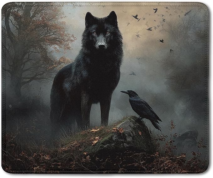Moody Forest Wolf Raven Mouse Pad, Dark Contemporary Botanical Wolf Crow Bird Mousepad for Desk Home Office Dorm Computers Laptop, Gothic Office Supplies Desk Accessories, 9.5x7.9 Inch