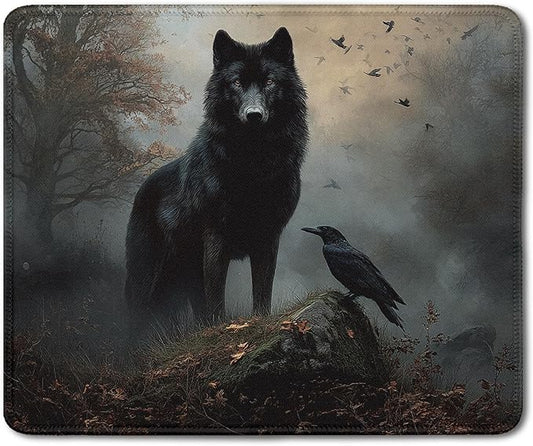 Moody Forest Wolf Raven Mouse Pad, Dark Contemporary Botanical Wolf Crow Bird Mousepad for Desk Home Office Dorm Computers Laptop, Gothic Office Supplies Desk Accessories, 9.5x7.9 Inch